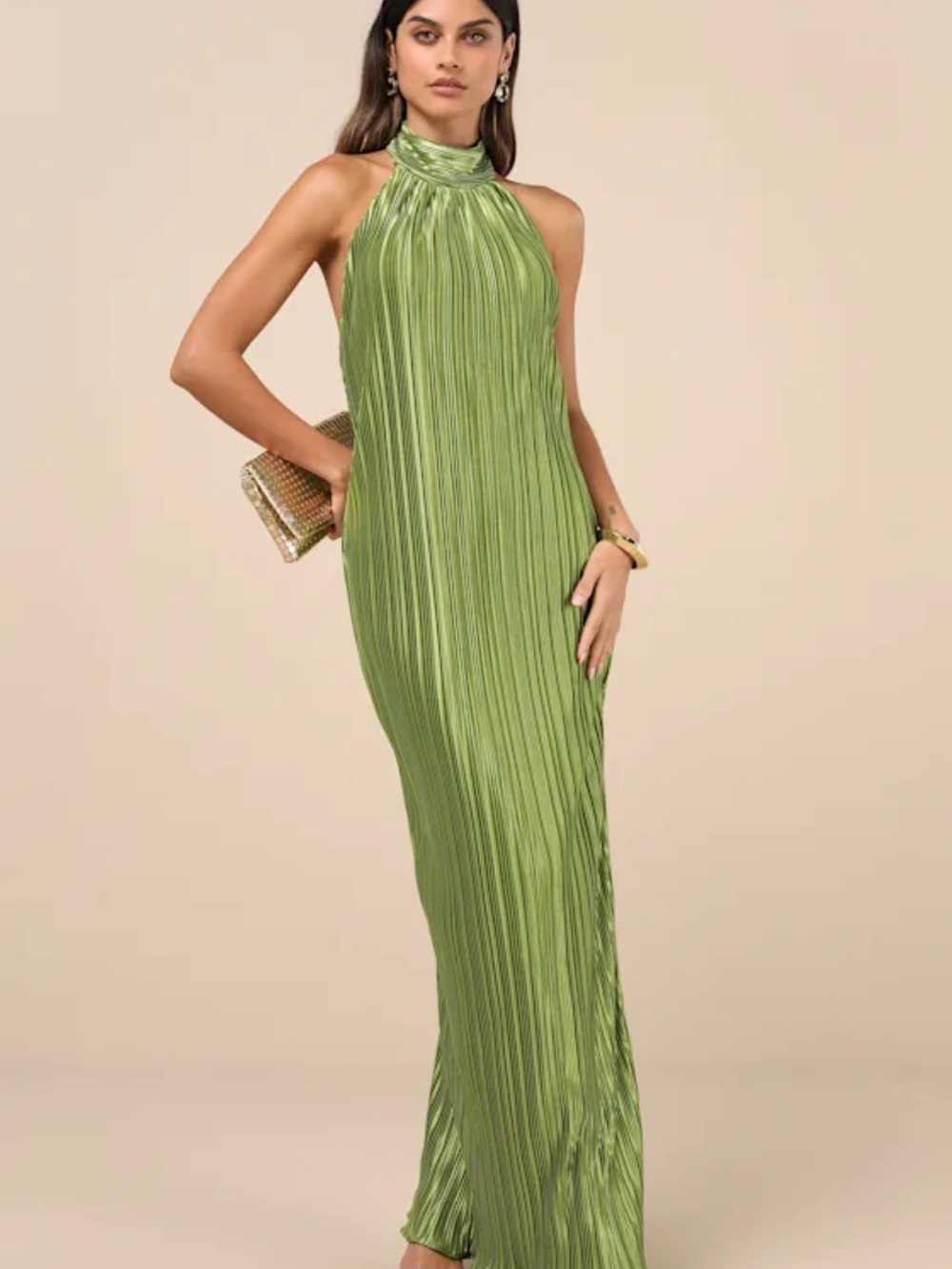 Lulu's Olive Green Pleated Halter Maxi Dress